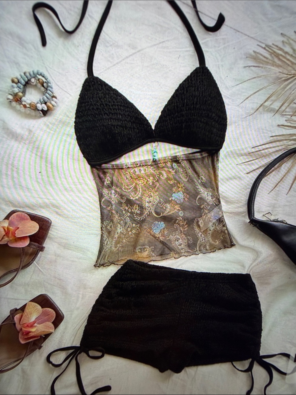 Black Crochet Bikini Top with Sheer Paisley Tank and Matching Shorts